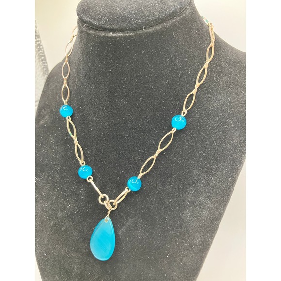 Blue Translucent Beaded Teardrop Pendant Necklace Vintage! - Picture 4 of 5